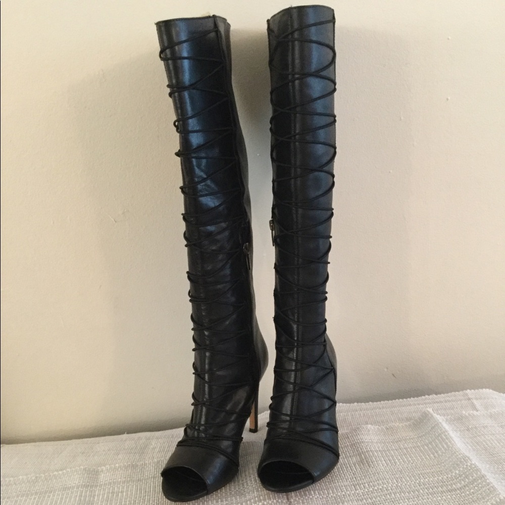 Vince Camuto black peep toe leather boots
